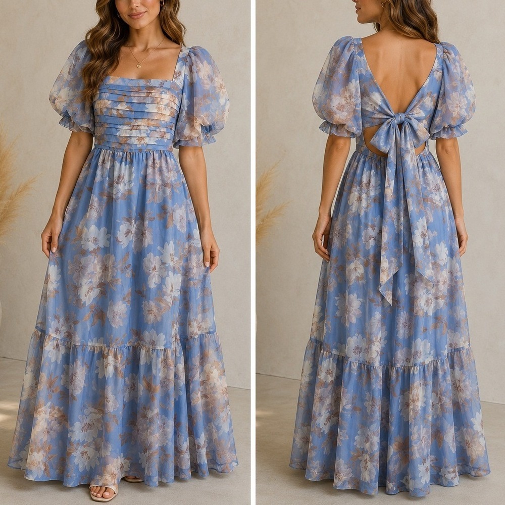 Abercrombie & Fitch Emerson Drama Bow Back Maxi Dress LP Blue Floral Puff Sleeve